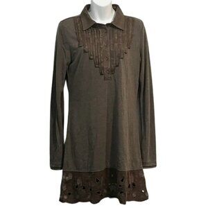 Monoreno Dress Beige Knit Faux Suede Laser Cut Accents Boho Cowgirl Southwestern